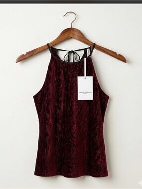 Amanda Uprichard NWT Crushed Velvet Halter Top Burgundy Keyhole Back Cutout